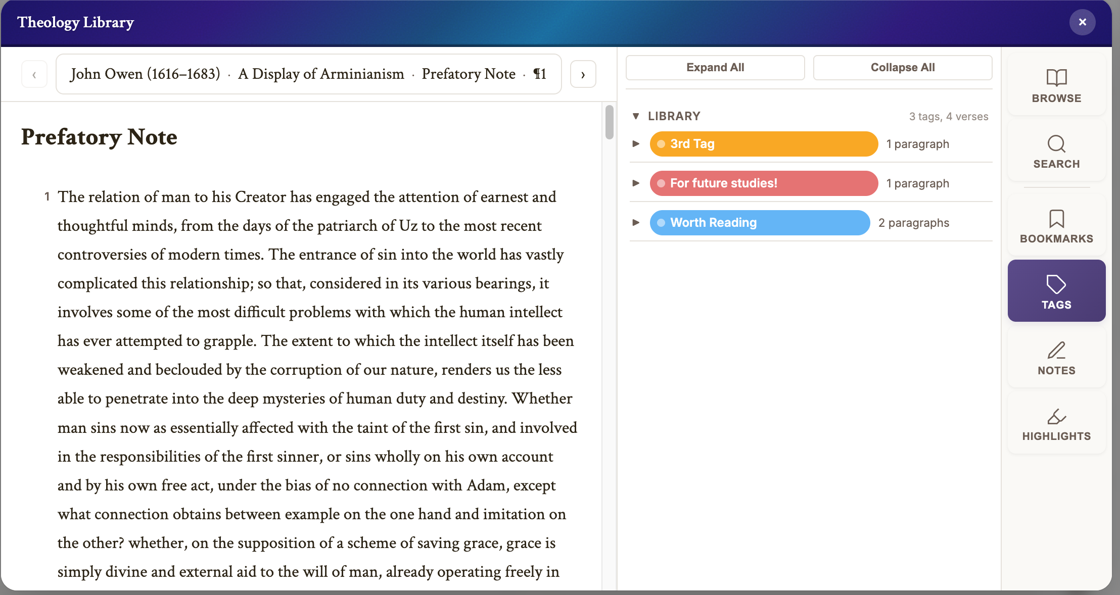 Reading view with tags sidebar