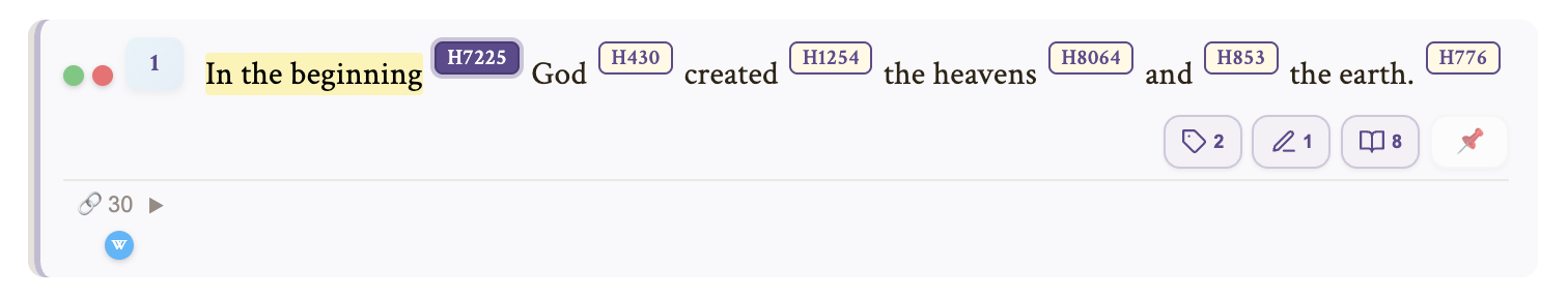 Close-up of a verse card with tag dots, Strong's numbers, and action buttons