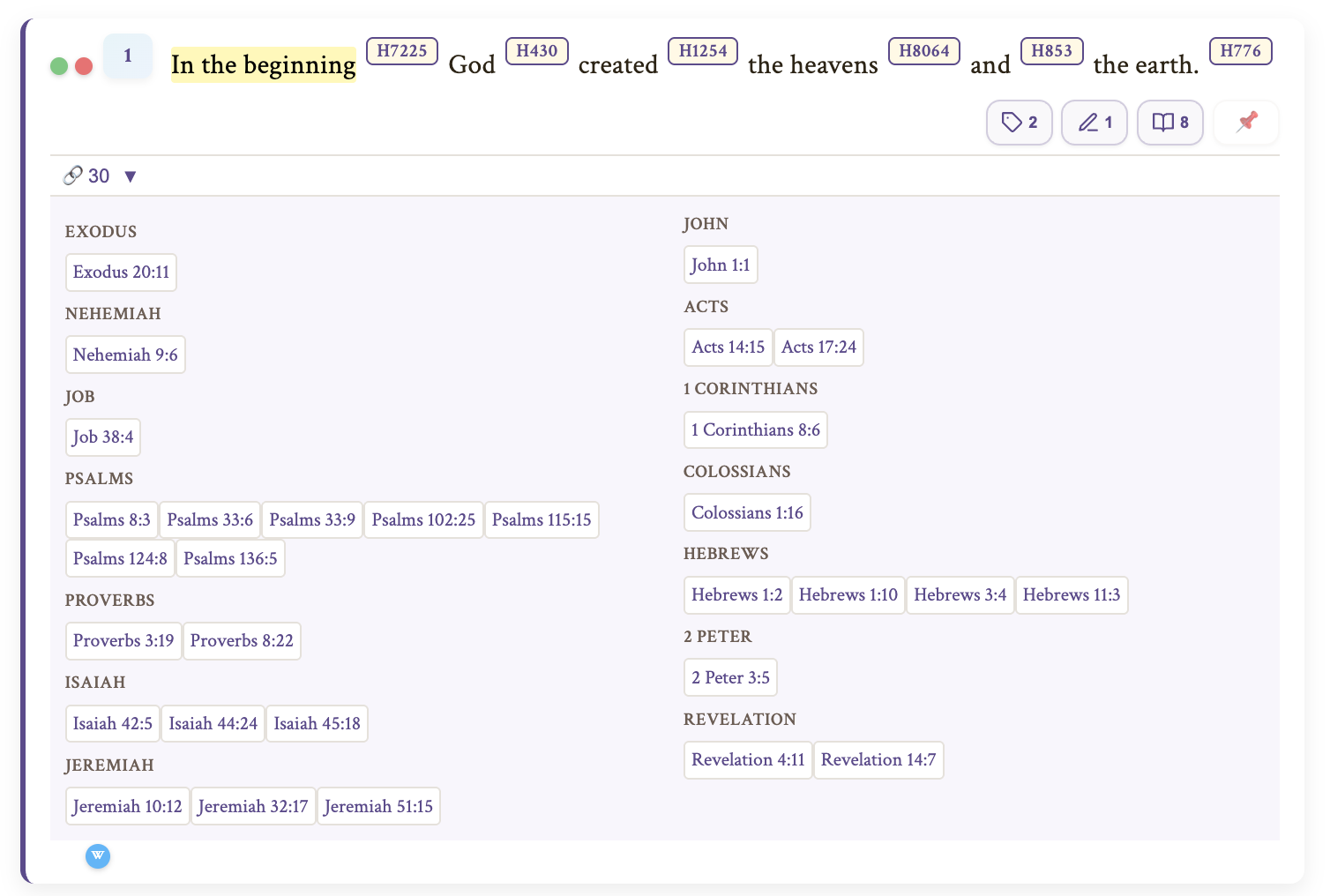 Expanded cross-reference panel showing grouped references by book
