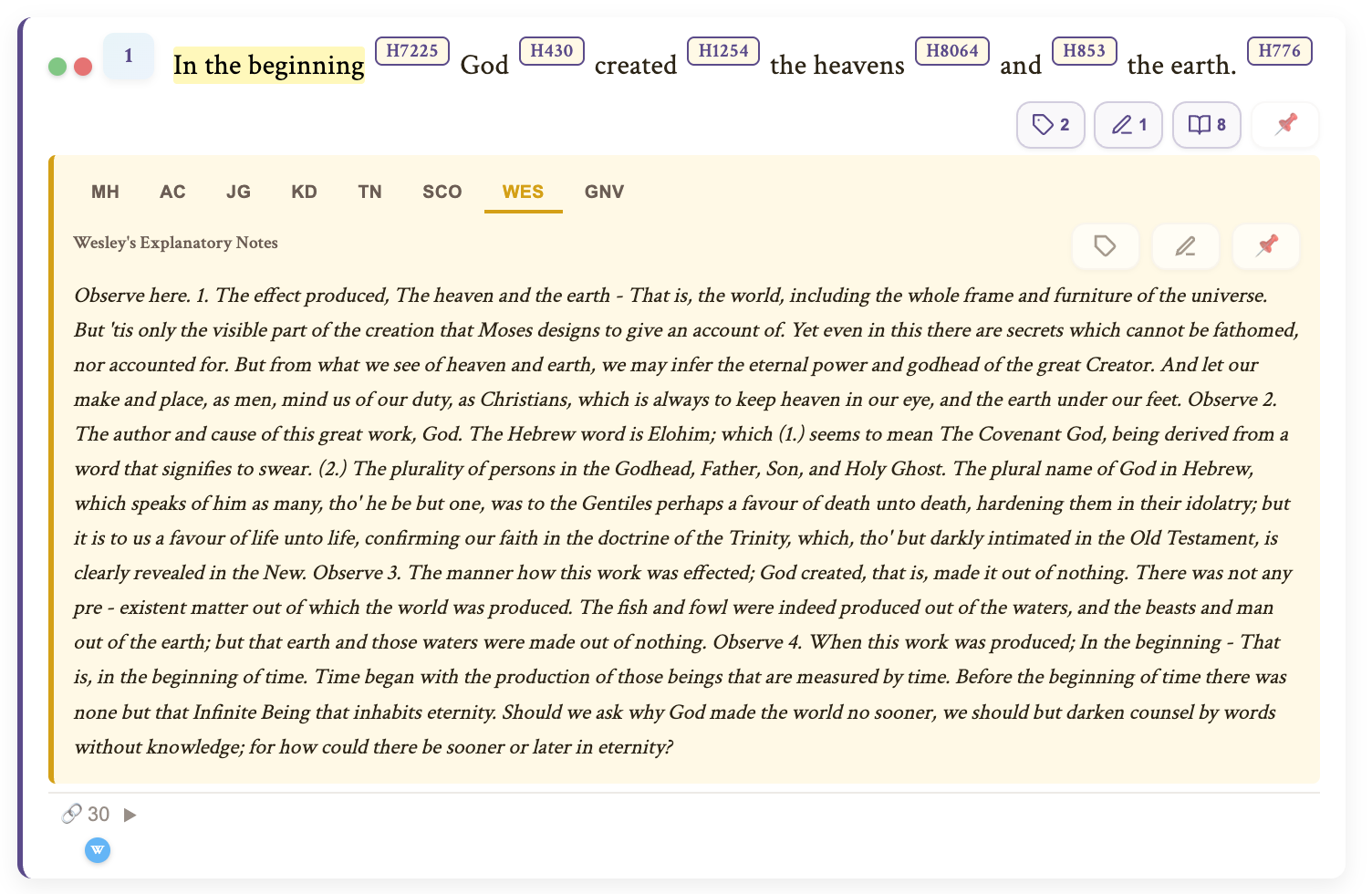 Verse card with commentary panel showing Wesley's Explanatory Notes