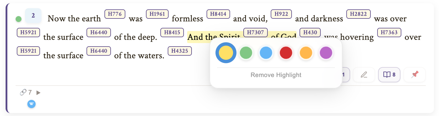 Highlight color picker showing six color options and Remove Highlight