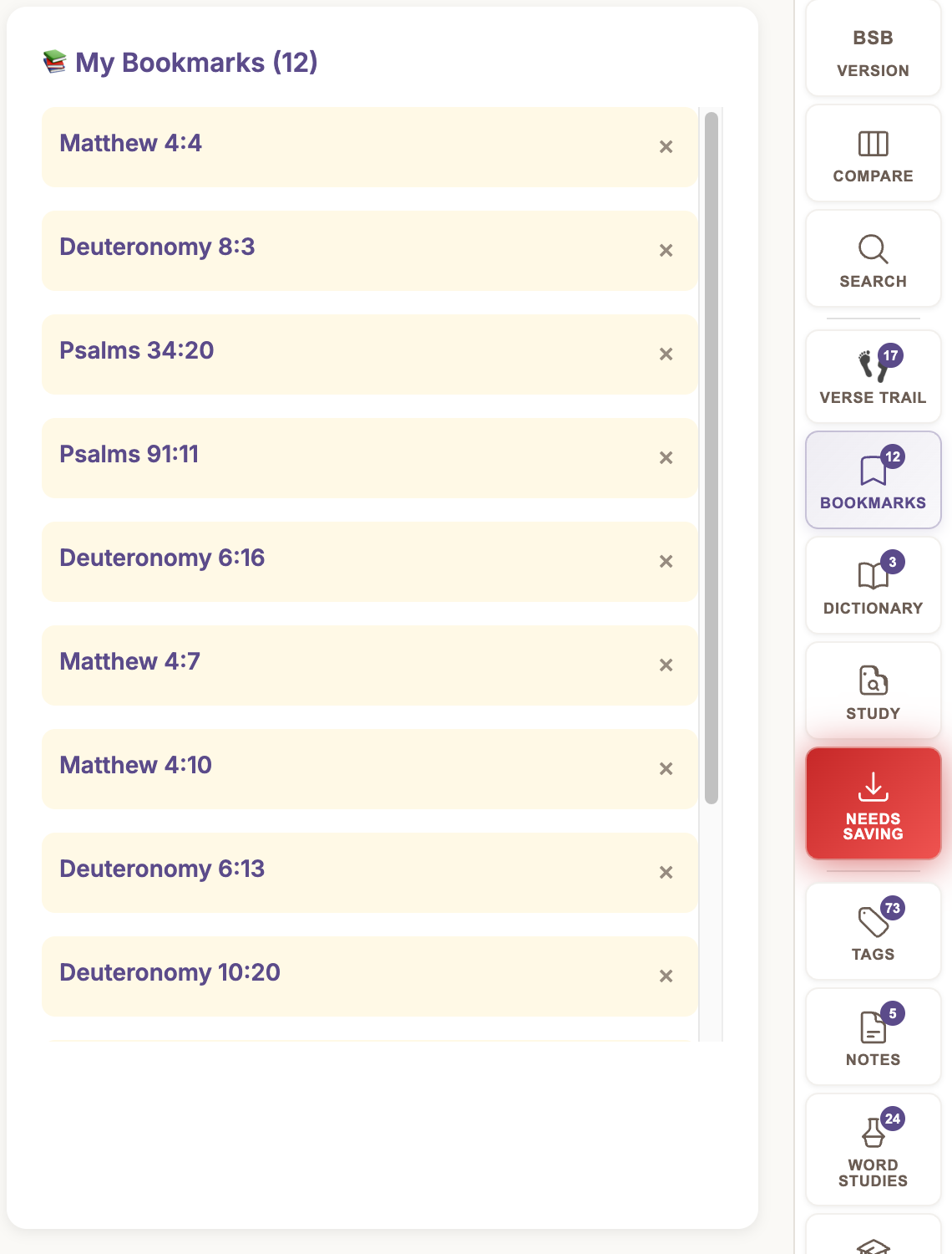 Bookmarks sidebar showing a list of bookmarked verses