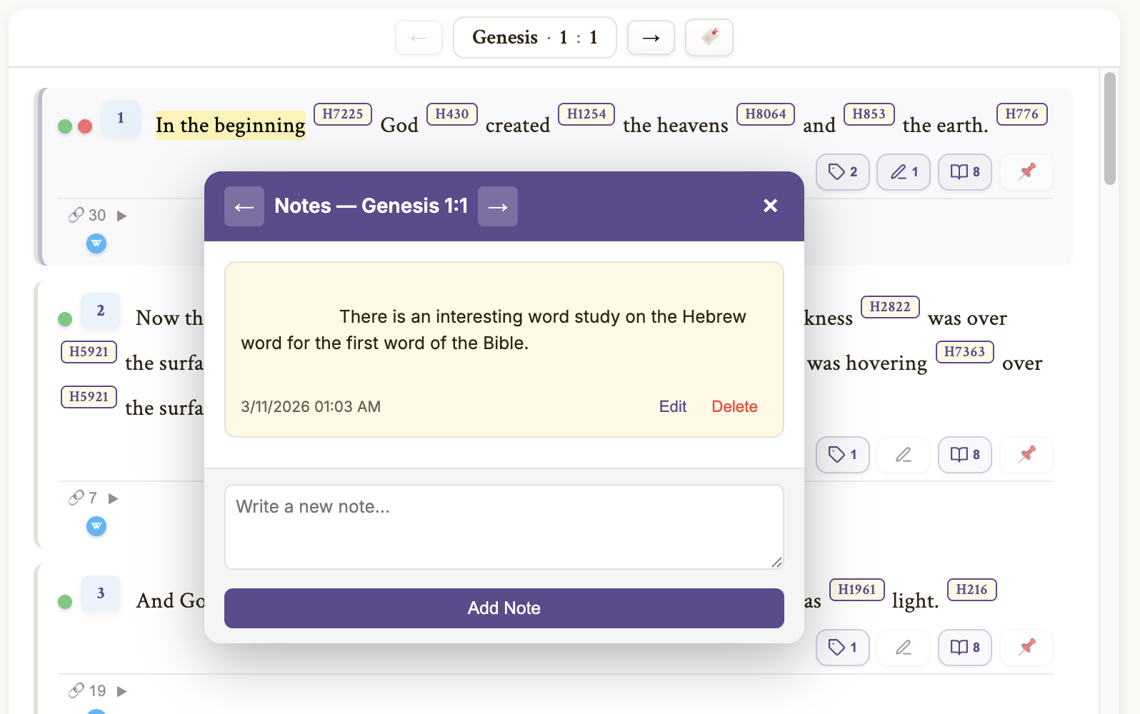 Notes dialog open over a verse with text area and action buttons
