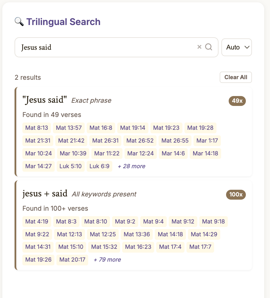 Search sidebar showing query results with Strong's and text matches