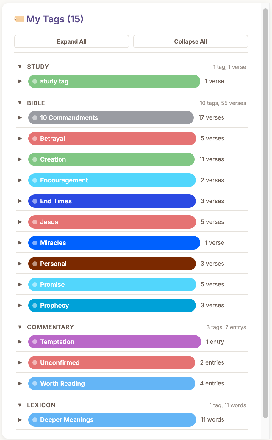 Tags sidebar showing Study, Bible, Commentary, and Lexicon sections with colored tag groups