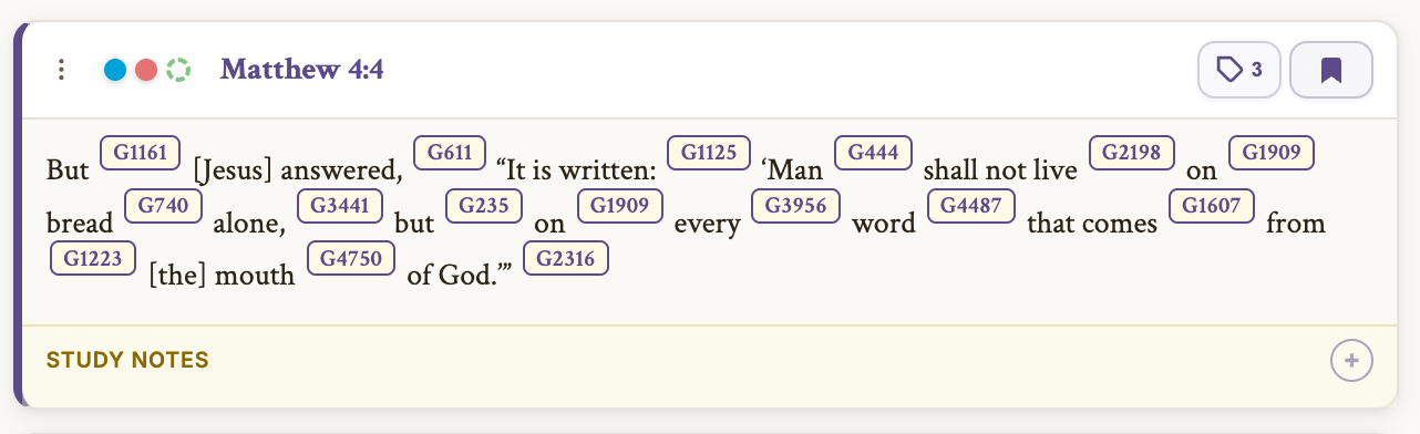 Verse card showing tag dots and study notes