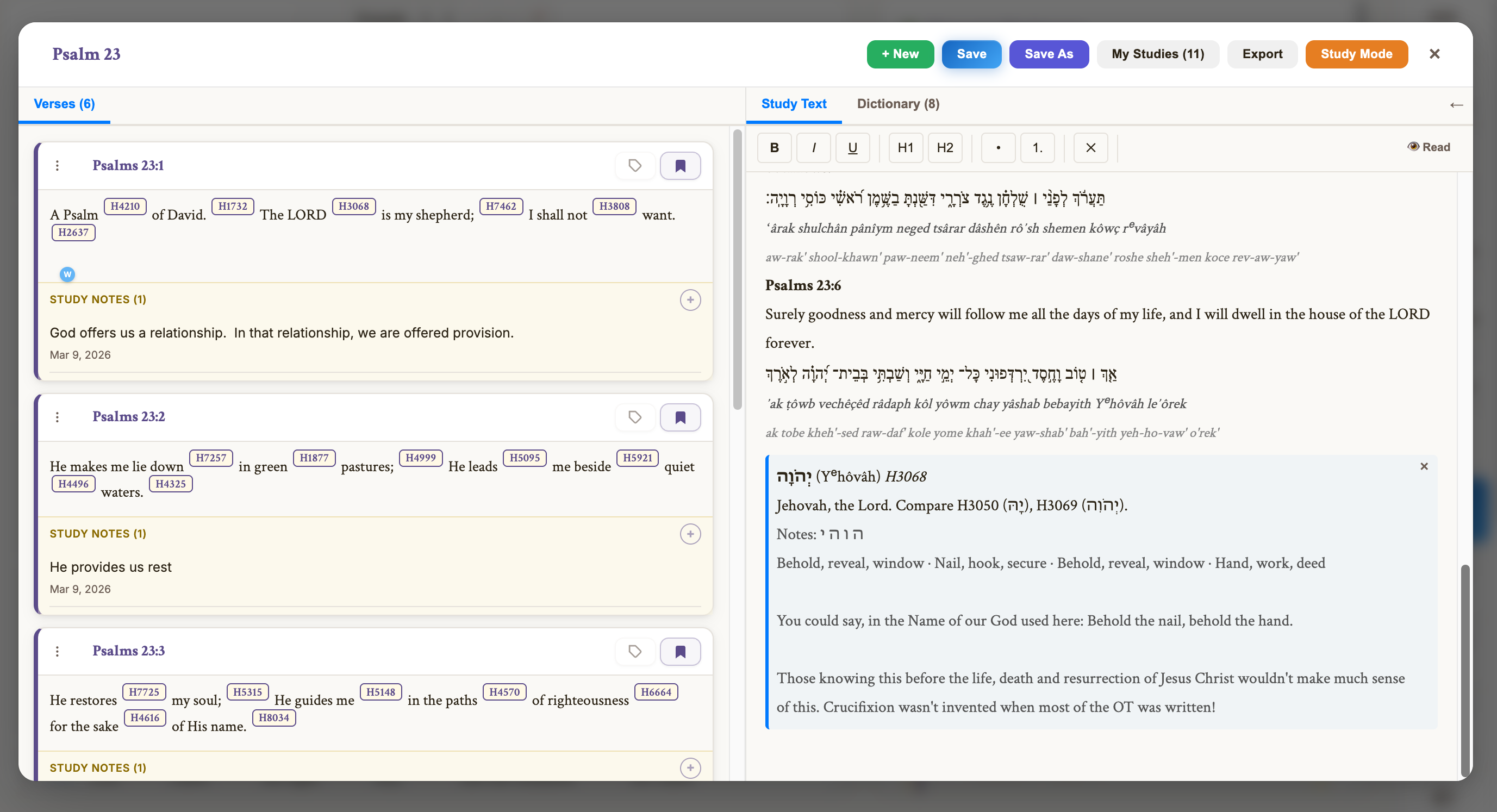 Study Console showing verse cards on the left and study text editor on the right