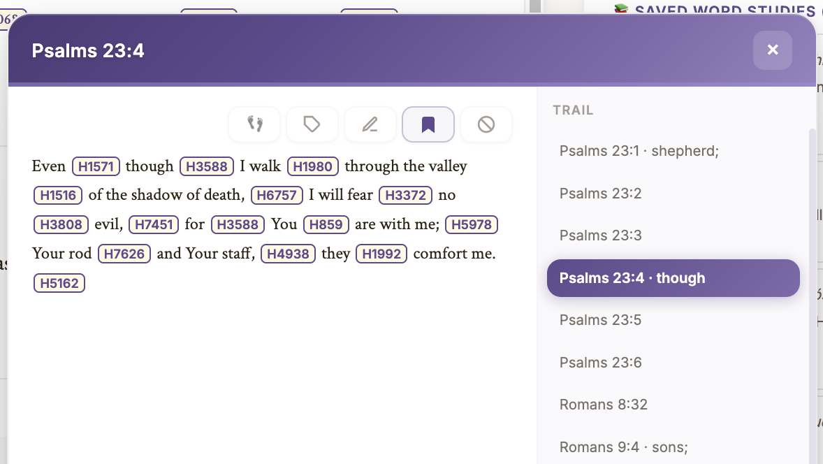 Bible Reference Popup with verse trail navigation