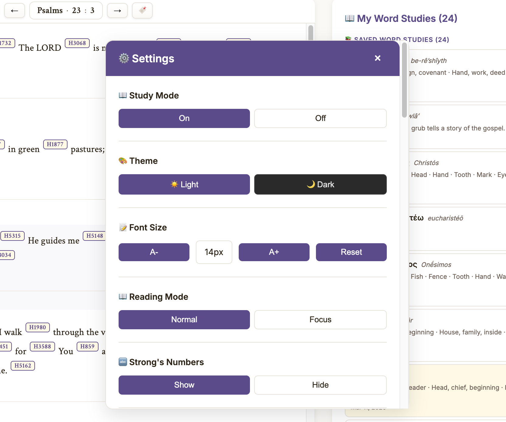 Settings panel showing Study Mode, Theme, Font Size, and other settings